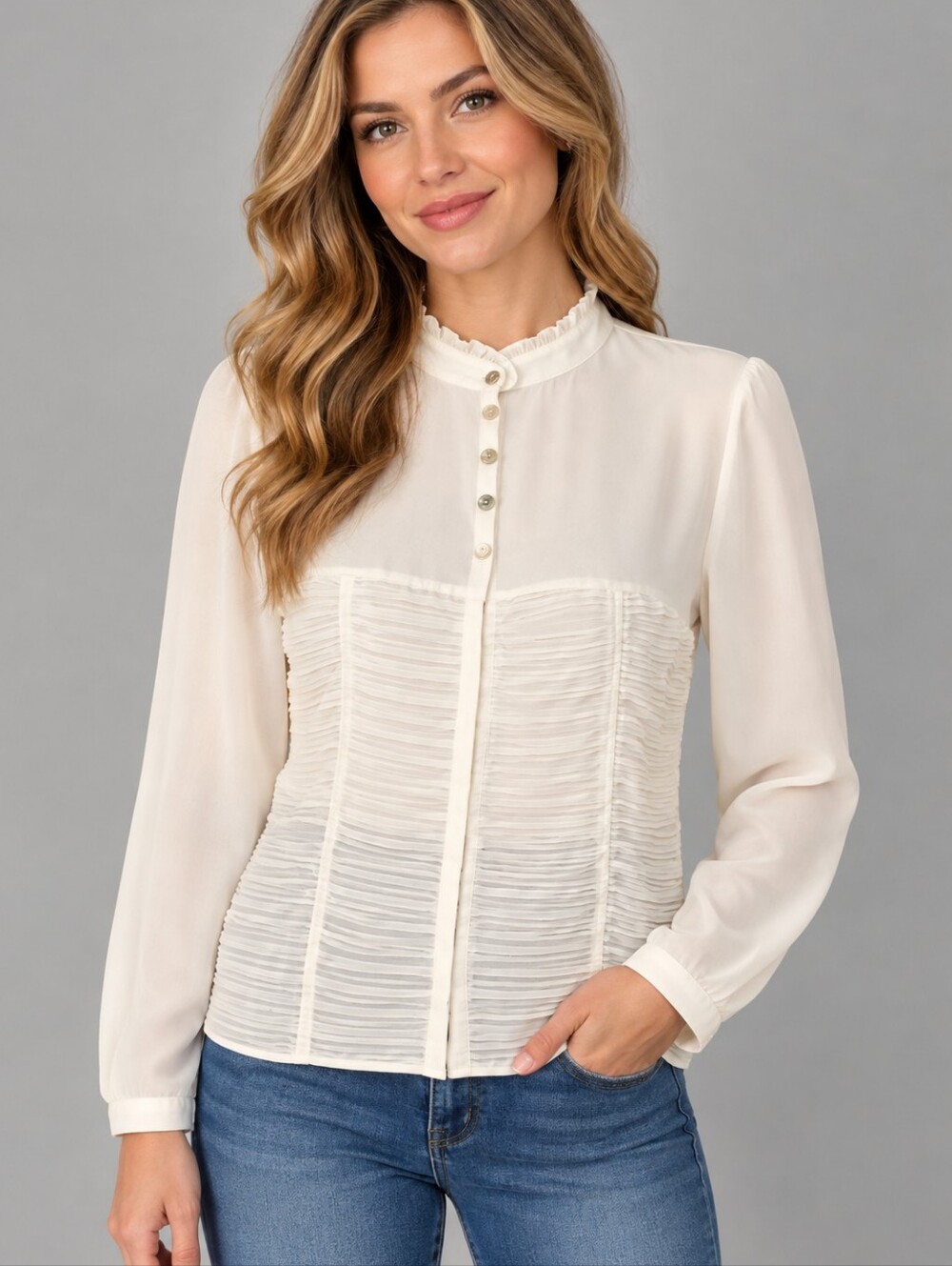 DRESS U by SHARON White Ruffle Mandarin High Neck Pleated Button-Up Blouse